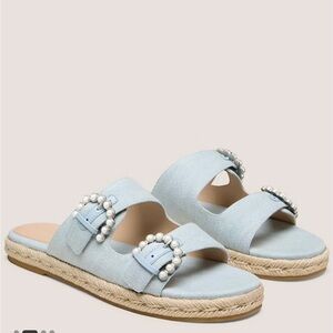 NIB!! Stuart Weitzman Size 8 Denim Espadrille Sandals with Pearl Buckles